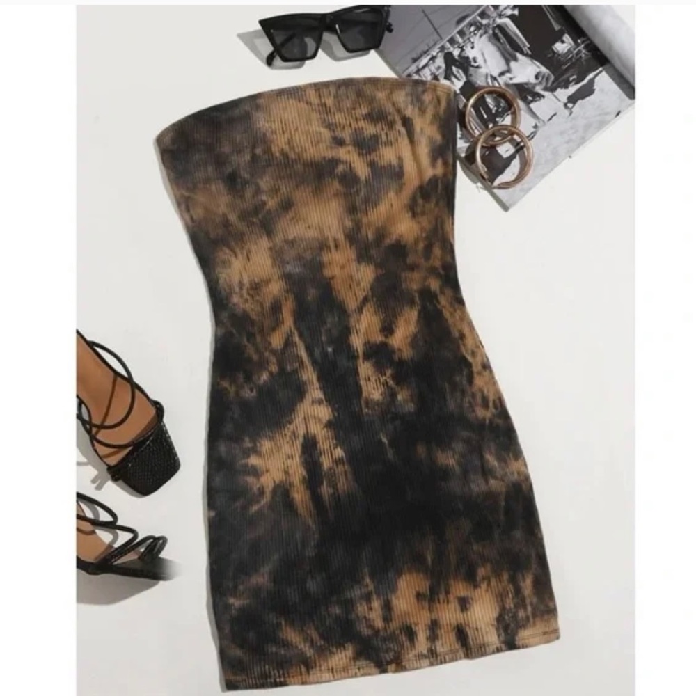 Shein Tie Dye Rib Knit Blk/Tan Strapless Tube Bodycon Dress NWOT size S